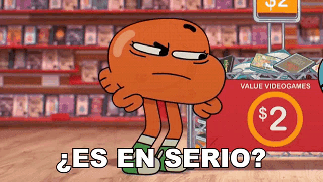 a cartoon character stands in front of a sign that says value videogames for $ 2