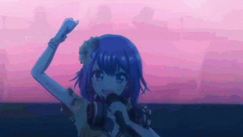 a girl with purple hair is holding a microphone in her hand .