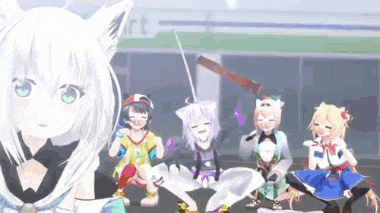 a group of anime characters are sitting on the ground in front of a store .