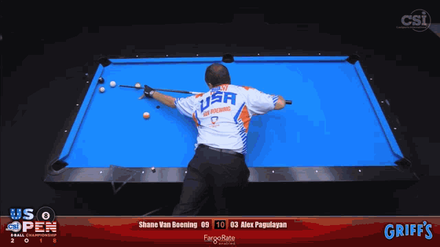 a pool table with a player wearing a shirt that says usa