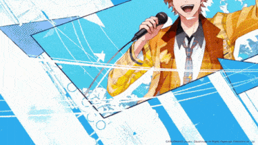 a cartoon of a man singing into a microphone with a blue and white striped background