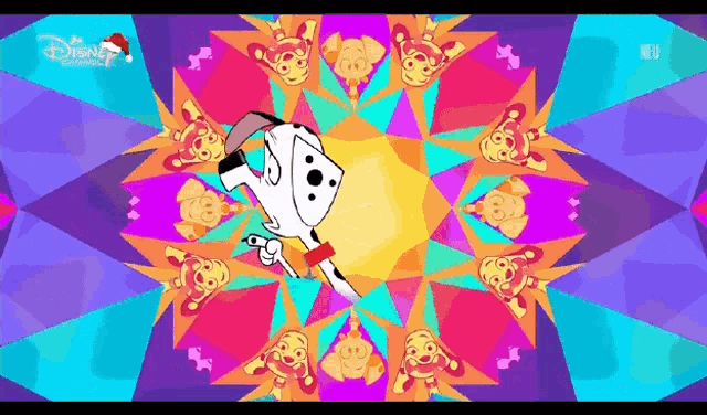 a cartoon dalmatian is surrounded by a kaleidoscope of faces on a colorful background ..