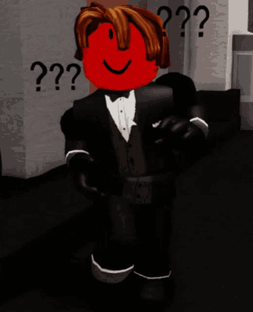 a red roblox character wearing a tuxedo and bow tie stands in front of a wall with question marks
