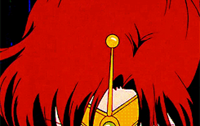 a close up of a cartoon character with red hair and a green necklace