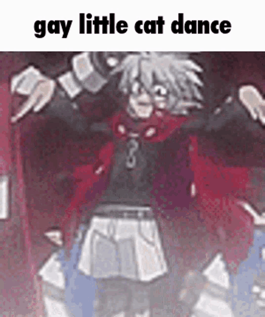 a cartoon character is dancing in front of a red background with the caption `` gay little cat dance '' .