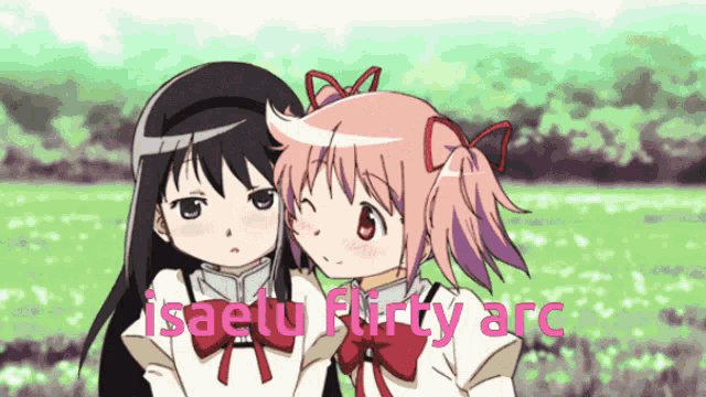 two anime girls are standing next to each other with the words isaelu flirty arc written on the bottom