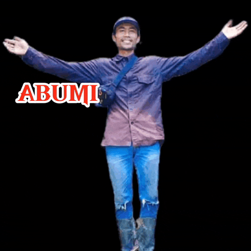 a man is standing with his arms outstretched and the name abumi is on the bottom right