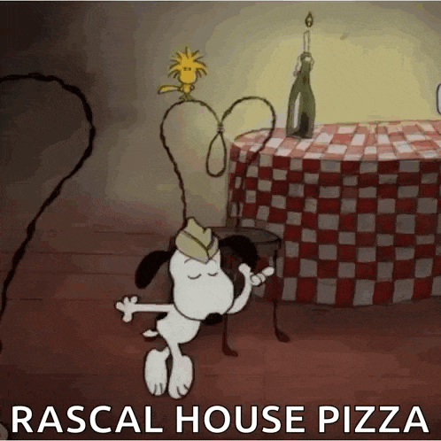 a cartoon of snoopy dancing in front of a checkered table cloth with the words rascal house pizza