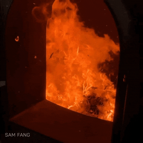 a picture of a fire with sam fang written on the bottom right