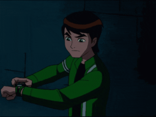 a cartoon character with a green light coming out of his hand