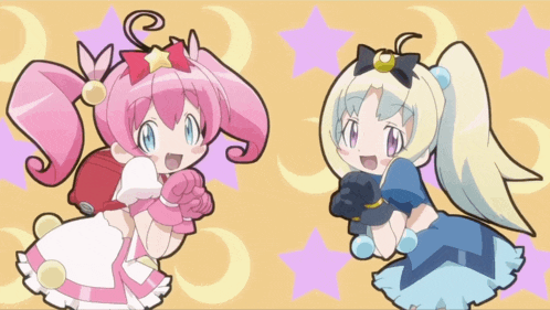 two anime girls are standing next to each other on a purple background