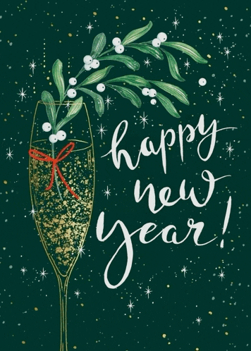 a happy new year greeting card with a champagne glass and mistletoe