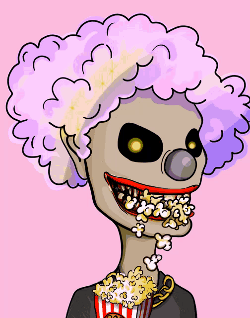 a cartoon of a clown eating popcorn with a mcdonald 's logo on his shirt