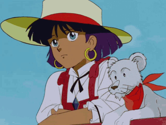 a girl with purple hair is wearing a hat and earrings and holding a white bear