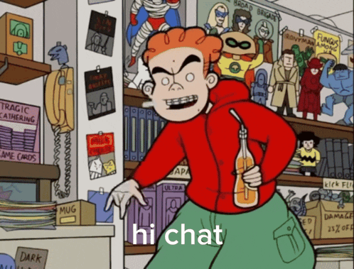 a cartoon of a man holding a bottle with a straw and the words hi chat above him