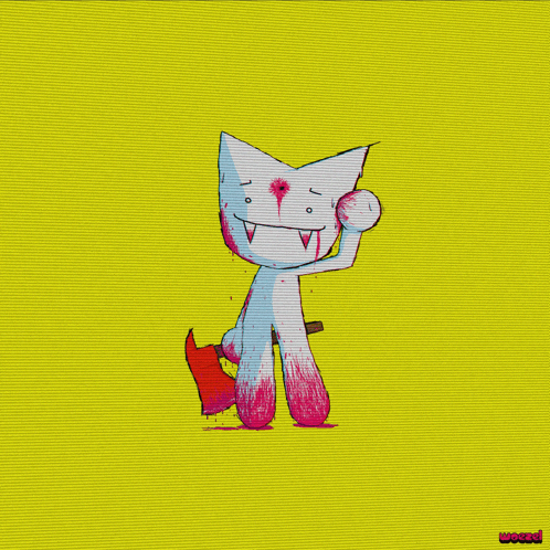 a cartoon drawing of a cat holding a bloody axe on a yellow background with the word weird below it