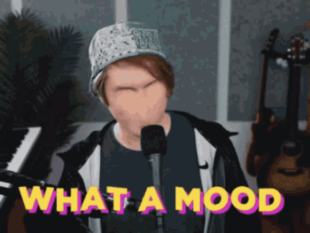 a man singing into a microphone with the words " what a mood " behind him