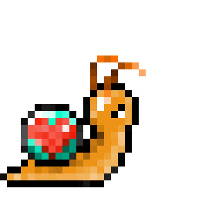 a pixel art drawing of a snail with a red and blue sphere on its shell .