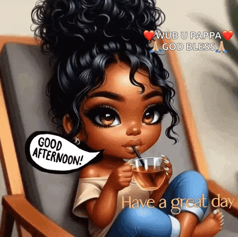 a cartoon girl is sitting in a chair drinking from a cup .