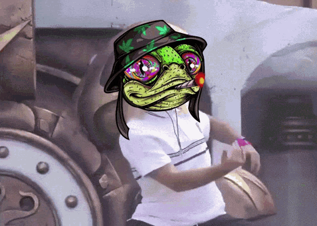 a drawing of a person with a frog face on their head