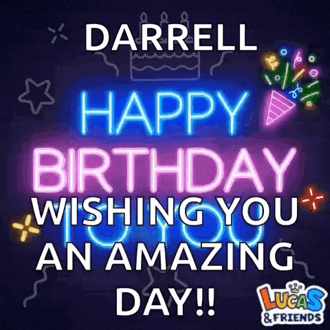 a neon sign that says `` darrell happy birthday wishing you an amazing day ! ''