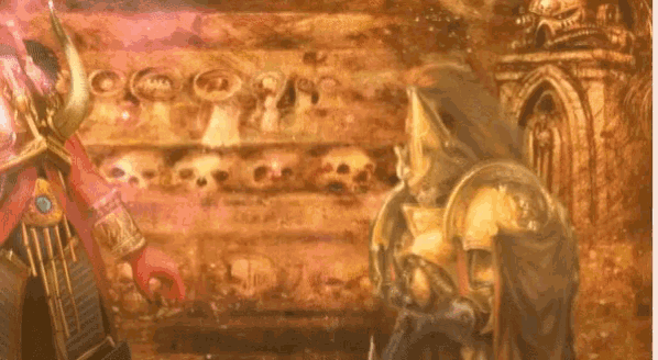 a painting of two warriors standing in front of a wall with skulls on it