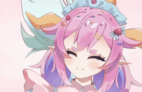 a drawing of a girl with pink hair and a hat on