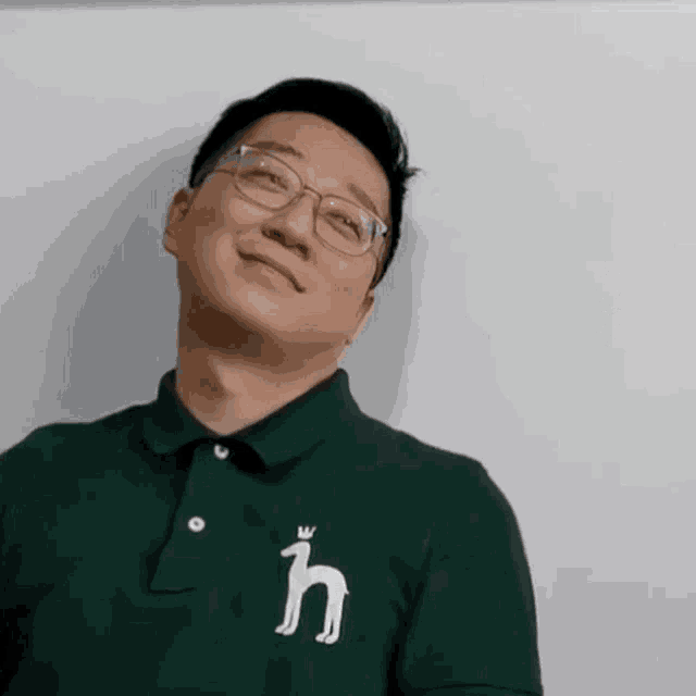 a man wearing glasses and a green polo shirt with the letter h on the front