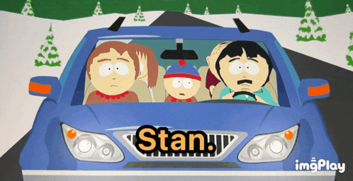 a cartoon of a family driving a blue car with the word stan on the front