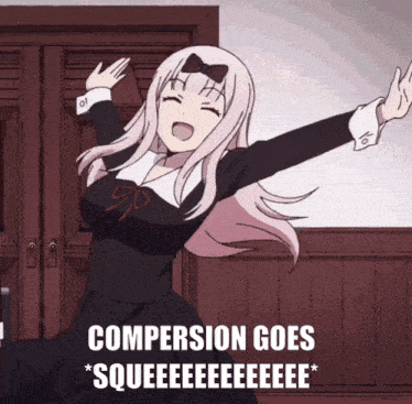 a picture of a girl with the words compensation goes squeeeee