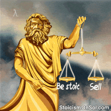 a statue of a man holding a scale with the words be stoic sell written on it