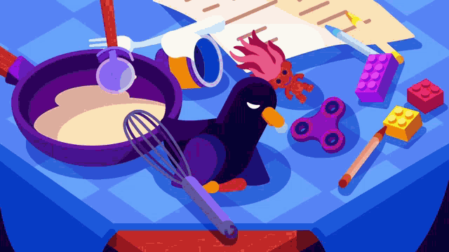 a cartoon illustration of a table with a purple bird and toys