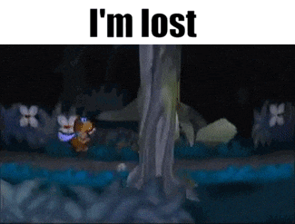 a cartoon character is standing next to a tree with the words `` i 'm lost '' above it .
