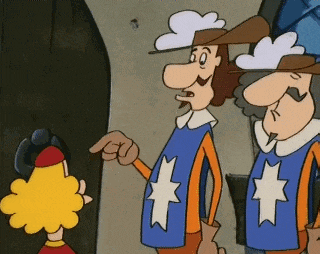 two cartoon characters wearing blue vests with a white cross on them