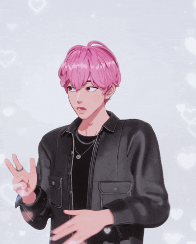 a boy with pink hair is wearing a black shirt and a black jacket