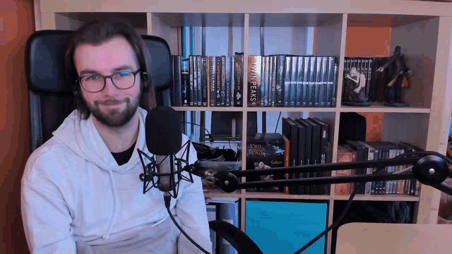a man is sitting in front of a microphone with a bookshelf behind him that has a book called dark cats