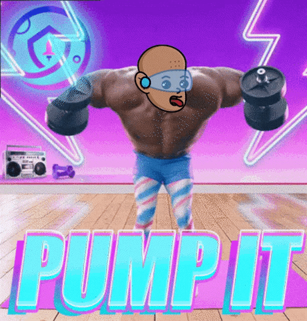 a cartoon of a muscular man holding a dumbbell with the words pump it behind him