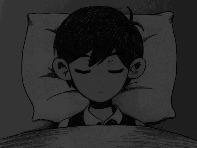 a black and white drawing of a boy sleeping in a bed