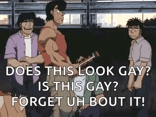 a group of men standing next to each other with the caption " does this look gay "