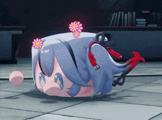 a cartoon character with flowers in her hair is laying on the floor