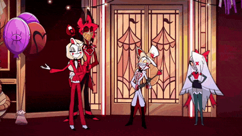 a group of cartoon characters are standing in a room