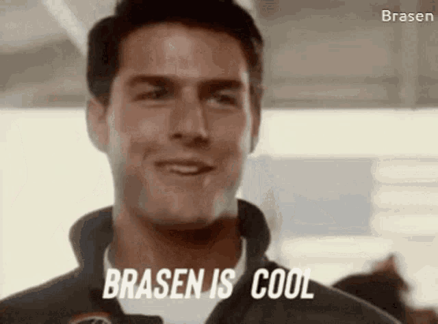 a close up of a man 's face with the words brasen is cool on it