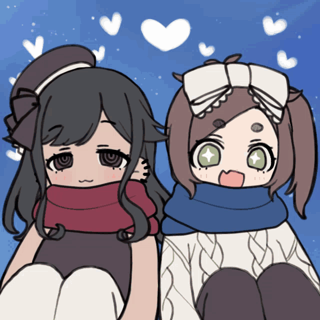 a drawing of two girls with green eyes and hearts in the background