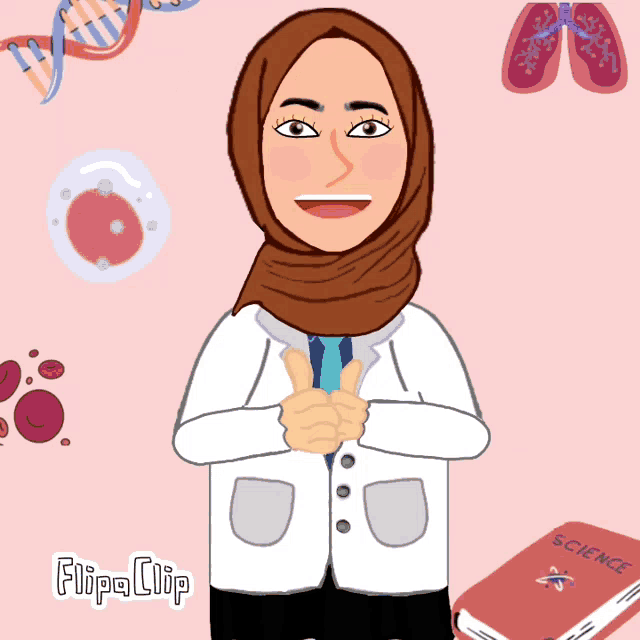 a cartoon of a woman in a lab coat giving a thumbs up in front of a science book