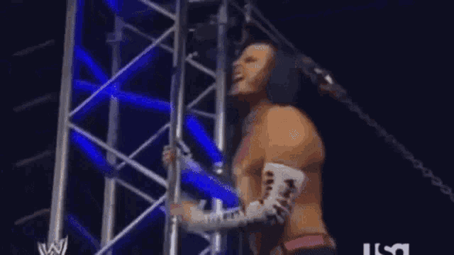 a wrestler is standing on a stage with a wwe logo on the bottom right corner