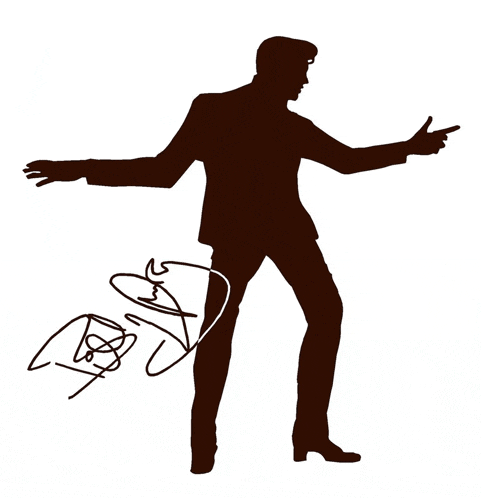 a silhouette of a man in a suit pointing with a signature below him