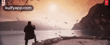 a man is standing on a rock near a body of water looking at the birds flying in the sky .