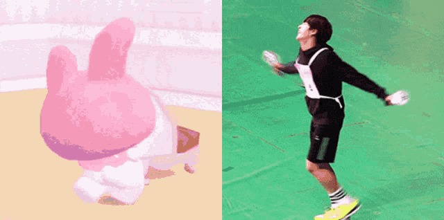 a picture of a stuffed bunny next to a picture of a person holding a frisbee