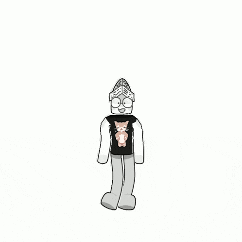 a cartoon character is wearing a black shirt with a cat on it and holding a cat .