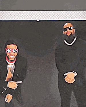 a cartoon drawing of two men with one wearing sunglasses and the other wearing a mask that says ' eye ' on it
